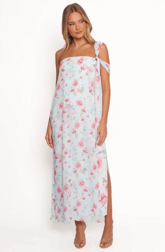Petal + Pup Eloisa Strapless Floral Maxi Dress Womens Size 4 Light Blue Pink Bow